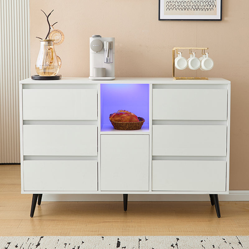 Modernes weißes Sideboard mit LED-Beleuchtung, 6 geräuschlosen Schubladen, Push-Open-Türen, Hochglanzlackierung, mattschwarzen Metallbeinen, 120x40x80 cm – ideal für Küchen, Ess- und Wohnbereiche