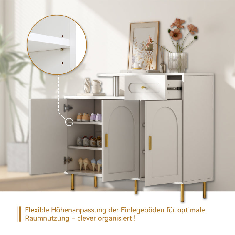 Kommode/Sideboard/Schuhschrank mit Metallgriffen, 1 Schublade und 3 Türen, auf Metallfüßen, Weiß. Maße: B120 × H92 × T35 cm
