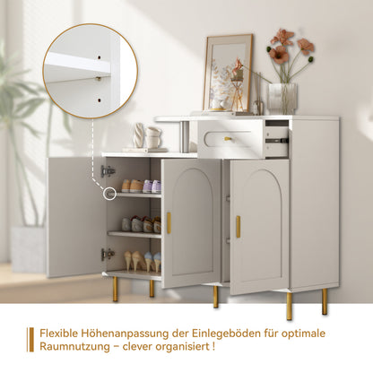 Kommode/Sideboard/Schuhschrank mit Metallgriffen, 1 Schublade und 3 Türen, auf Metallfüßen, Weiß. Maße: B120 × H92 × T35 cm