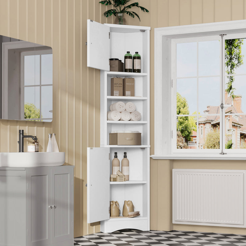 36.5 x 24.5 x 170cmDreieckiger Badezimmerschrank, feuchtigkeitsbeständiger Lack, drei offene Ablagefächer, Doppeltüren, verstellbare Einlegeböden, platzsparend, weiß