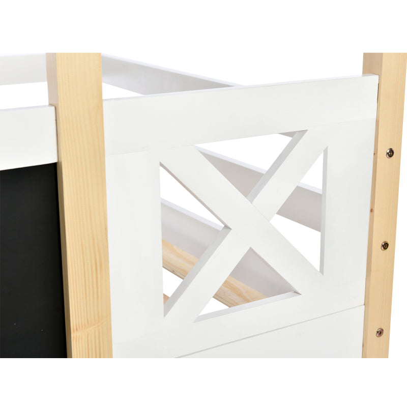 Kinderbett Baumhaus mit Rutsche & Leiter 90 x 200 cm, Hochbett für Kinder– 2x Lattenrost- Natur & Weiß