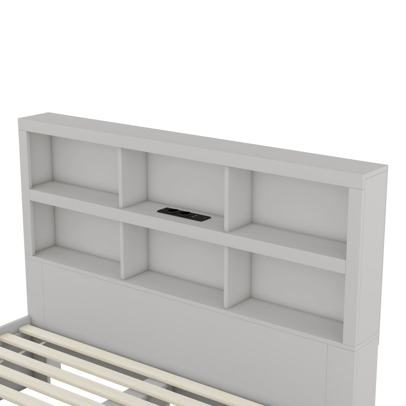 160*200cm Doppelbett, Kingsize-Plattformbett mit zwei Schubladen am Fußende des Bettes, Kopfteil mit Stauraum, Grau