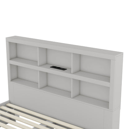 160*200cm Doppelbett, Kingsize-Plattformbett mit zwei Schubladen am Fußende des Bettes, Kopfteil mit Stauraum, Grau