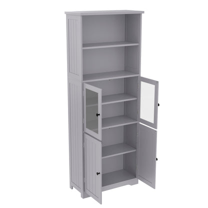 57.5 x 28.5 x 160cm Badezimmer-Hochschrank mit Stauraum, feuchtigkeitsbeständige Farbe, Glasschranktür, Holzschranktür, zwei offene Ablagefächer, verstellbare Trennwände, einfache Textur, Grau