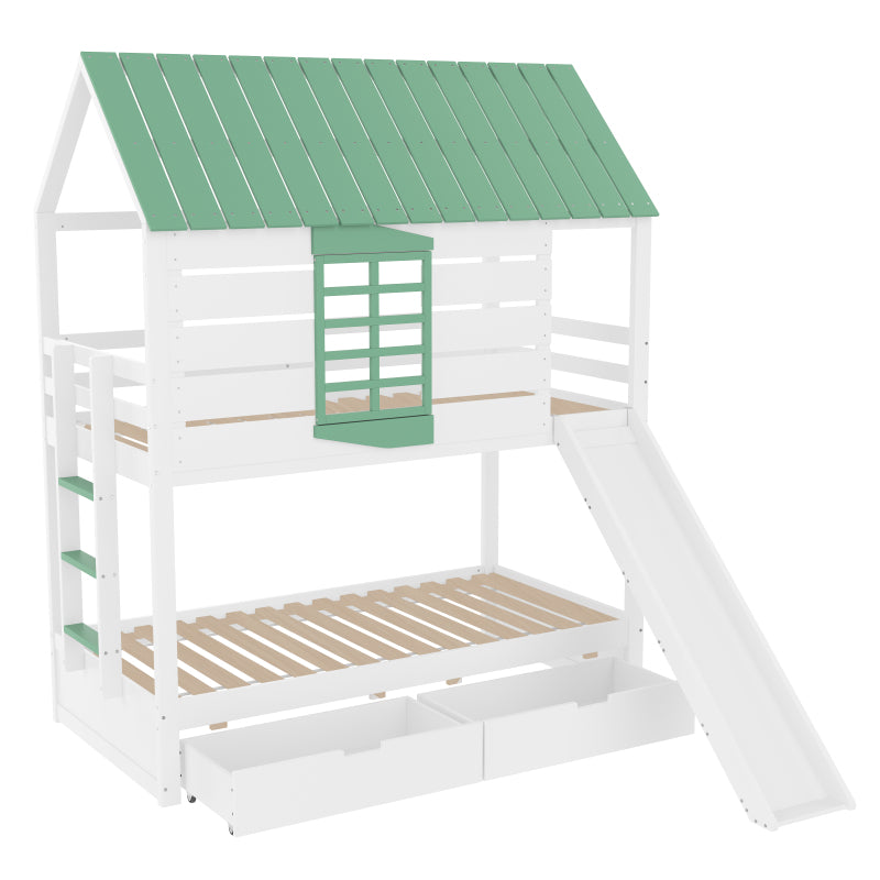 90X200 Haus-Etagenbett mit Rutsche und 2 Schubladen, Weiß+Grün