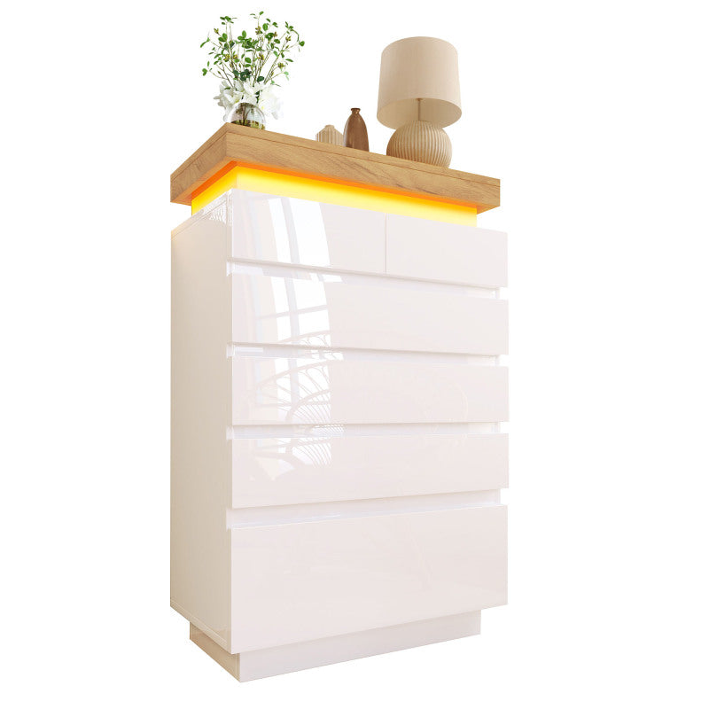 Kommode, Hochglanz Sideboard mit 6 Schubladen, LED Beleuchtung (App Control), Mehrzweckschrank für Wohnzimmer und Schlafzimmer, 115 x 73 x 39 cm, Weiß