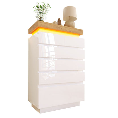 Kommode, Hochglanz Sideboard mit 6 Schubladen, LED Beleuchtung (App Control), Mehrzweckschrank für Wohnzimmer und Schlafzimmer, 115 x 73 x 39 cm, Weiß