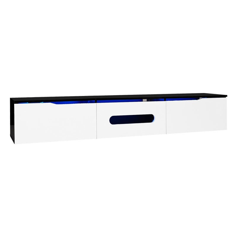 Schwarz-weißer TV-Schrank, 180 cm lang, Hochglanzoberfläche, mit 16-farbiger LED-Beleuchtung, wandmontierbar
