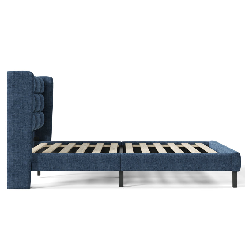 Modernes Design Polsterbett Mit seinem gepolstertes Kopfteil Einzelbett mit Lattenrost, 90x200cm ,in Blau Leinen, mittelfest (Ohne Matratze)