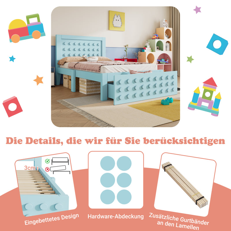 Holzbett Einzelbett 90x200 cm, Kinderbett Jugendbett mit Kreativem Block Design, Massivholz Bettgestell mit Lattenrost, mit Schubladen & Unterm Bett Stauraum, Ohne Matratze
