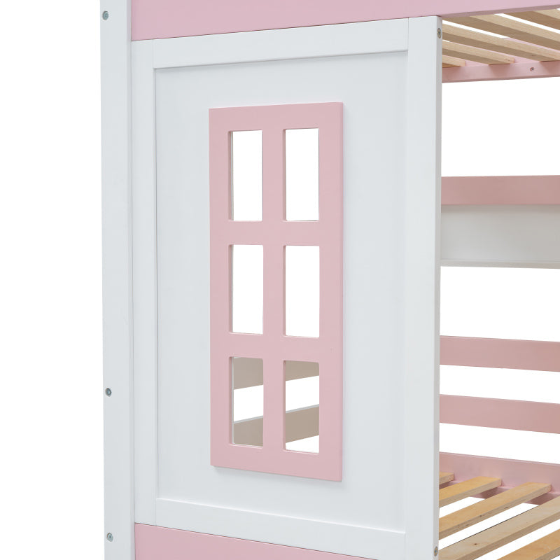 Etagenbett, Prinzessinnenbett, Kinderbett, Kinderbett mit Dach und Fenster, mit Fallschutzgitter, stabiles Geländer, Zwei Schubladen mit Rollen, Offenes Regal, Reichlich Stauraum, Kiefer+MDF,Weiß+Rose