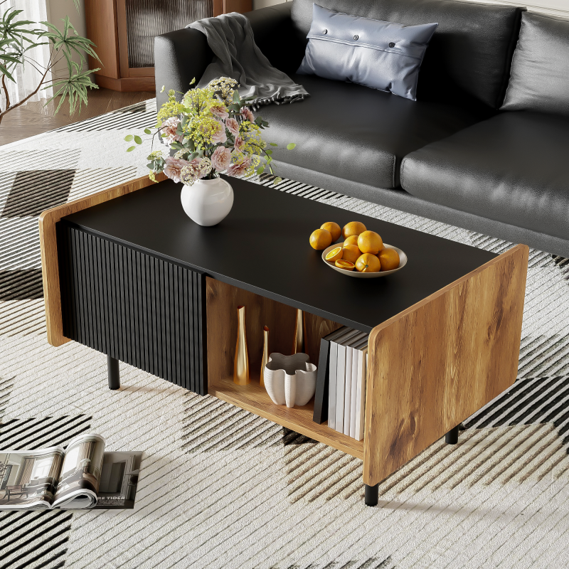 90 cm Schwarze und Holzfarbene Couchtisch – Moderner Stil, Zwei Offene Fächer und Zwei Türen, Dämpfende Scharniere