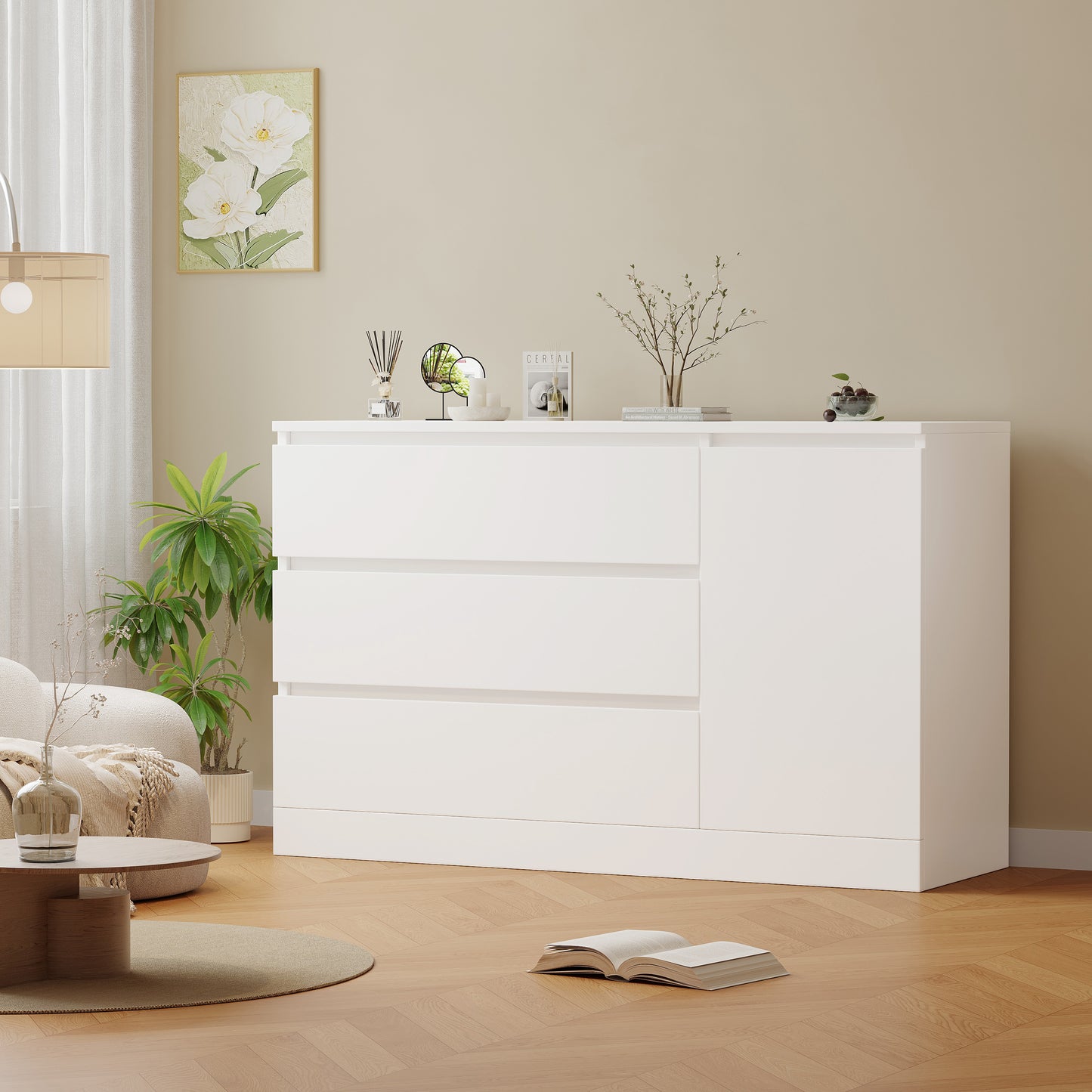 Kommode 120 cm, Anrichte mit tiefen Schubladen & verstecktem Schmuckfach, Sideboard (120x40x75 cm)
