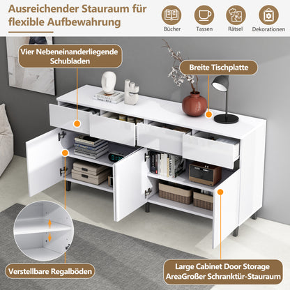Hochglanz Sideboard, Kommoden,Highboard, Schubladenkommoden mit 4 Schubladen2 Türen und höhenverstellbaren Regalböden, weiß