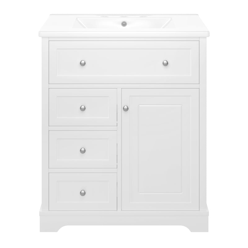 76x46x87cm Bodenstehender Badezimmerschrank mit Waschbeck, Waschtisch,Sprühlackierverfahren,Drei Soft-Close-Schubladen,Türregale,ausklappbare Schublade,integriertes Keramikwaschbecken,Weiß
