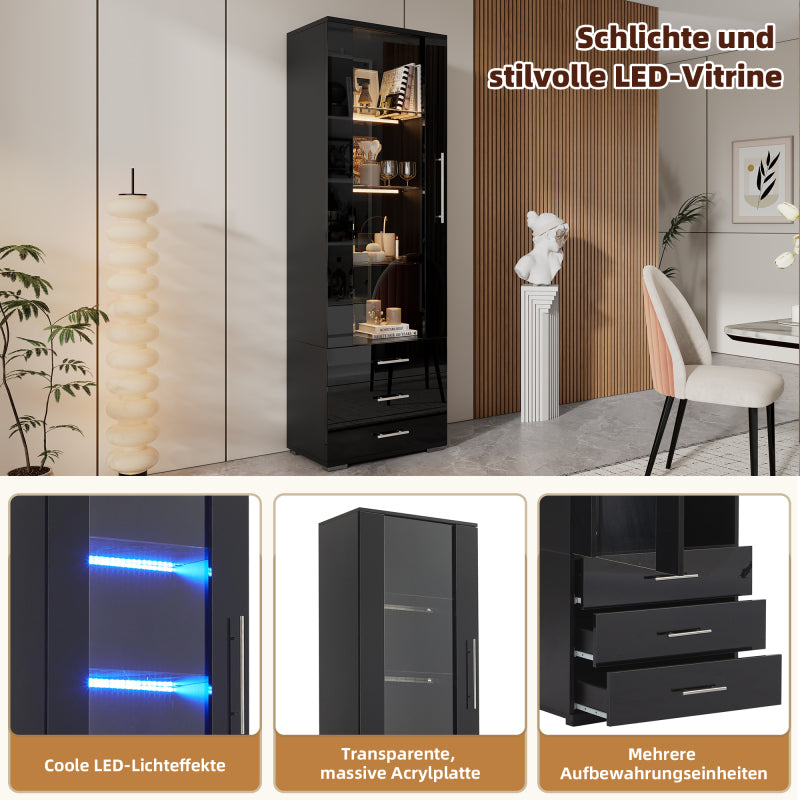 Schwarz Hochglanz Vitrine, Vitrine Glasvitrine , Standvitrine mit LED-Beleuchtung, Vertikale Vitrine mit 3 Schubladen, 60*35*180cm