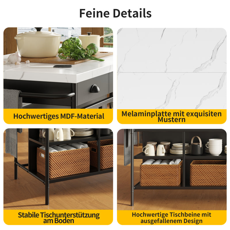 Kücheninseln, Ausziehbare Kunstmarmorplatte Industrial mit 3-Schubladen, Multifunktionales Küchen- und Esszimmer-Möbel, Kücheninsel Küchenregal Küchewagen Sideboard, MDF Arbeitsplatte Küche Regal
