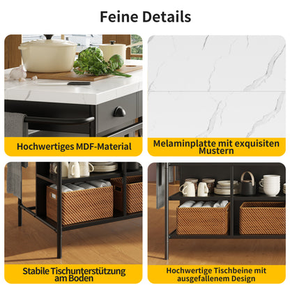 Kücheninseln, Ausziehbare Kunstmarmorplatte Industrial mit 3-Schubladen, Multifunktionales Küchen- und Esszimmer-Möbel, Kücheninsel Küchenregal Küchewagen Sideboard, MDF Arbeitsplatte Küche Regal