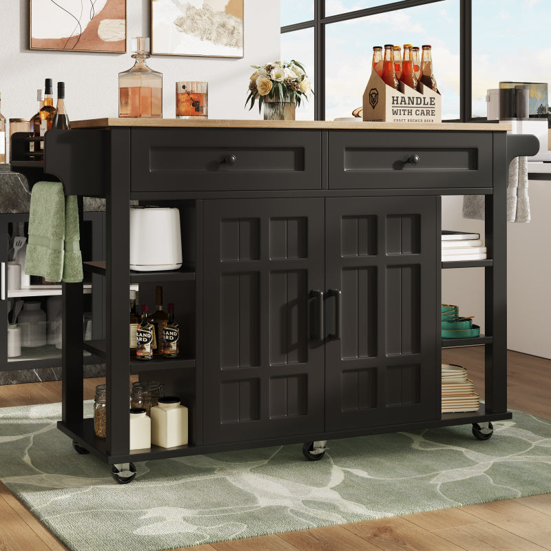 Kücheninsel mit herausnehmbaren Trennwänden, Esszimmerwagen mit Arbeitsplatte, Buffetschrank, Esszimmerwagen mit Holzmaserung, Handtuchhalter beidseitig mit Rollen, schwarz