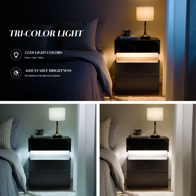 LED Nightstands 3 Drawer Dresser for Bedroom End Table with Acrylic Board LED Bedside Tables for Bedroom Living Room Bedside Furniture (Black+Glod)