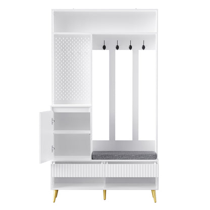 Garderoben-Set mit Schuhbank, Wandgarderobe mit 4 Haken, 2 Schubladen & Schranktür, MDF, Weiß, 100×35×180 cm