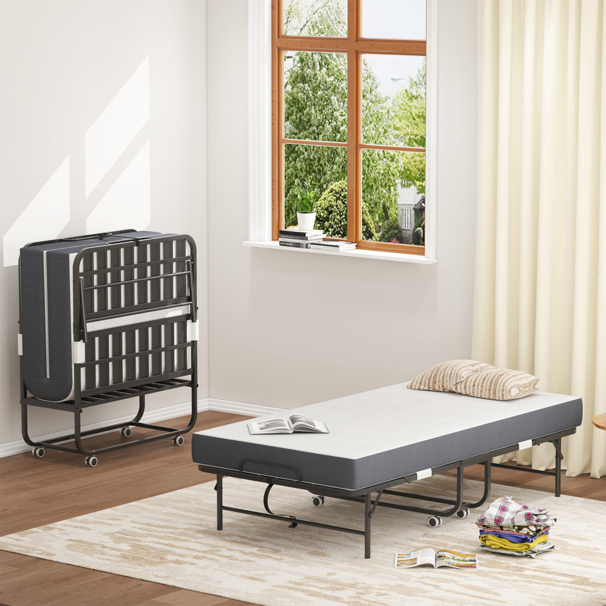 190 × 96 cm Klapp-Twin-Bett mit 9,5 cm Memory-Foam-Matratze, tragbares Gästebett/Rollbett, stabiler Metallrahmen