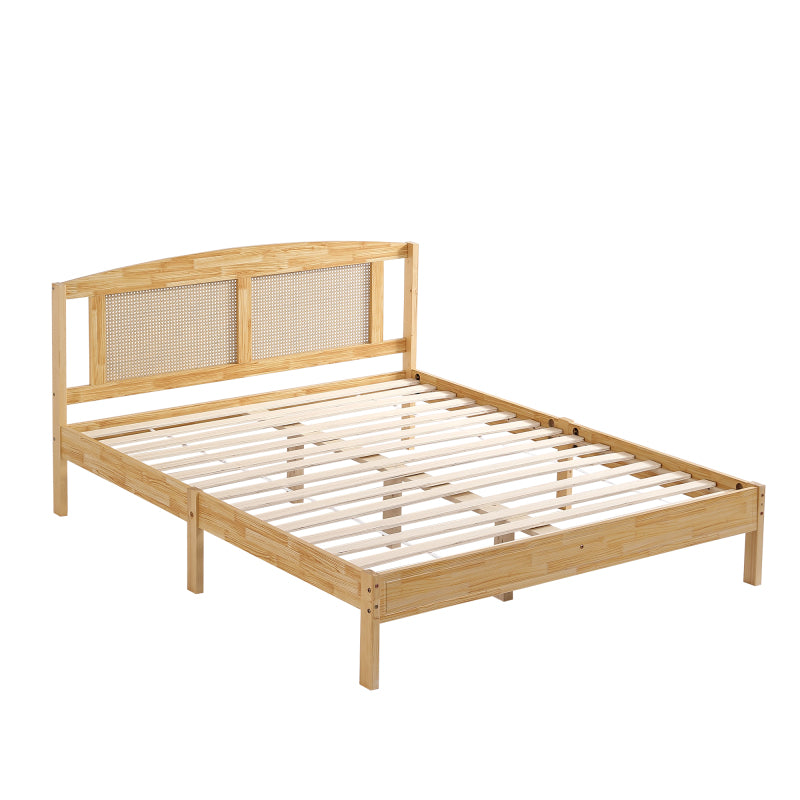 Doppelbett, Rattanbett, Jugendbett Erwachsenenbett 160X200cm, Rattannetzkissen, mit 15 Latten und Mittelfüße, Kiefer + PE-Rattan, Natur