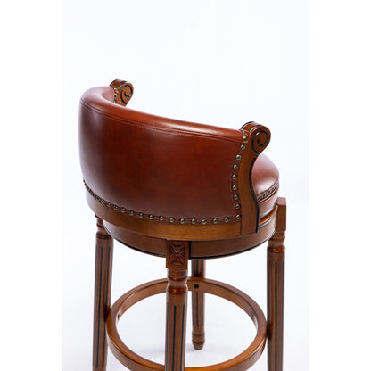 Barhocker aus Holz mit Kuhfell-Obermaterial, 360-Grad-Drehstuhl in Barhöhe mit Rückenlehne, Brown+Seat height 75cm