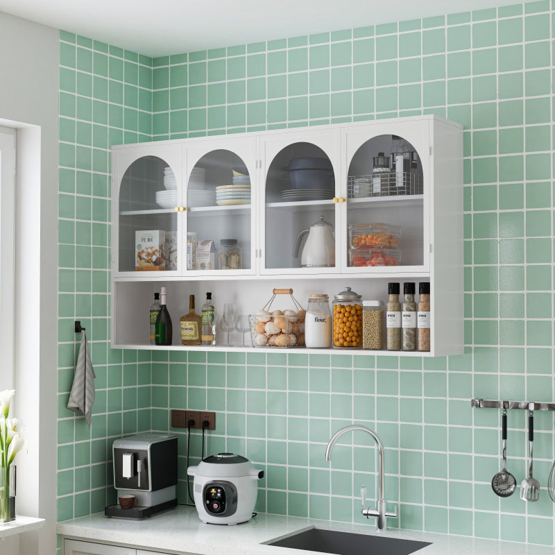 120CM Four-door Glass Wall Cabinet Storage, Wall-mounted,Suitable for Kitchen, Living Room, Bathroom (White)
