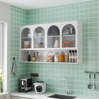 120CM Four-door Glass Wall Cabinet Storage, Wall-mounted,Suitable for Kitchen, Living Room, Bathroom (White)