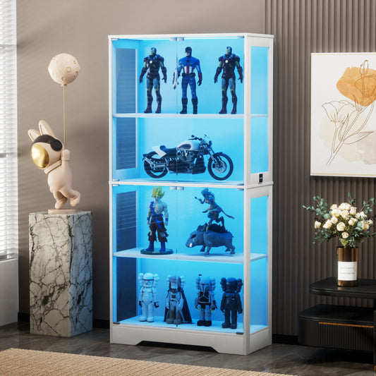 Glasvitrine Weiß 165 cm hoch, Vitrinenschrank mit LED (3 Farben) & Bewegungssensor, 4 verstellbare Böden