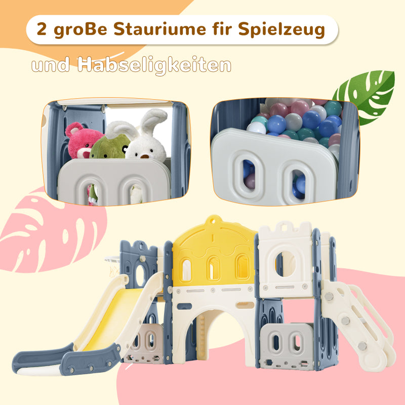 Mein kleines Schloss-Slide Kletterspielzeug für Kinder, 6 in 1 Kinderrutsche, Klettern, Bohrspiel, Stauraum, Spielgang, Basketballrahmen. Hergestellt aus HDPE (Enthält keine Meereskugeln)