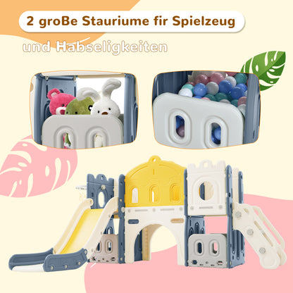 Mein kleines Schloss-Slide Kletterspielzeug für Kinder, 6 in 1 Kinderrutsche, Klettern, Bohrspiel, Stauraum, Spielgang, Basketballrahmen. Hergestellt aus HDPE (Enthält keine Meereskugeln)