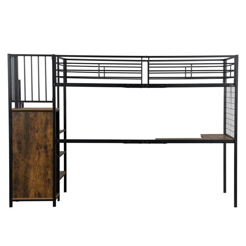 Eisenbett, Etagenbett, Hochbett, Geeignet für Kinder und Jugendliche, mit Tisch und Kleiderschrank, Seitenleiter mit Handlauf, Eisen+Spanplatte, Schwarz+dunkle Holzfarbe, 90x200cm