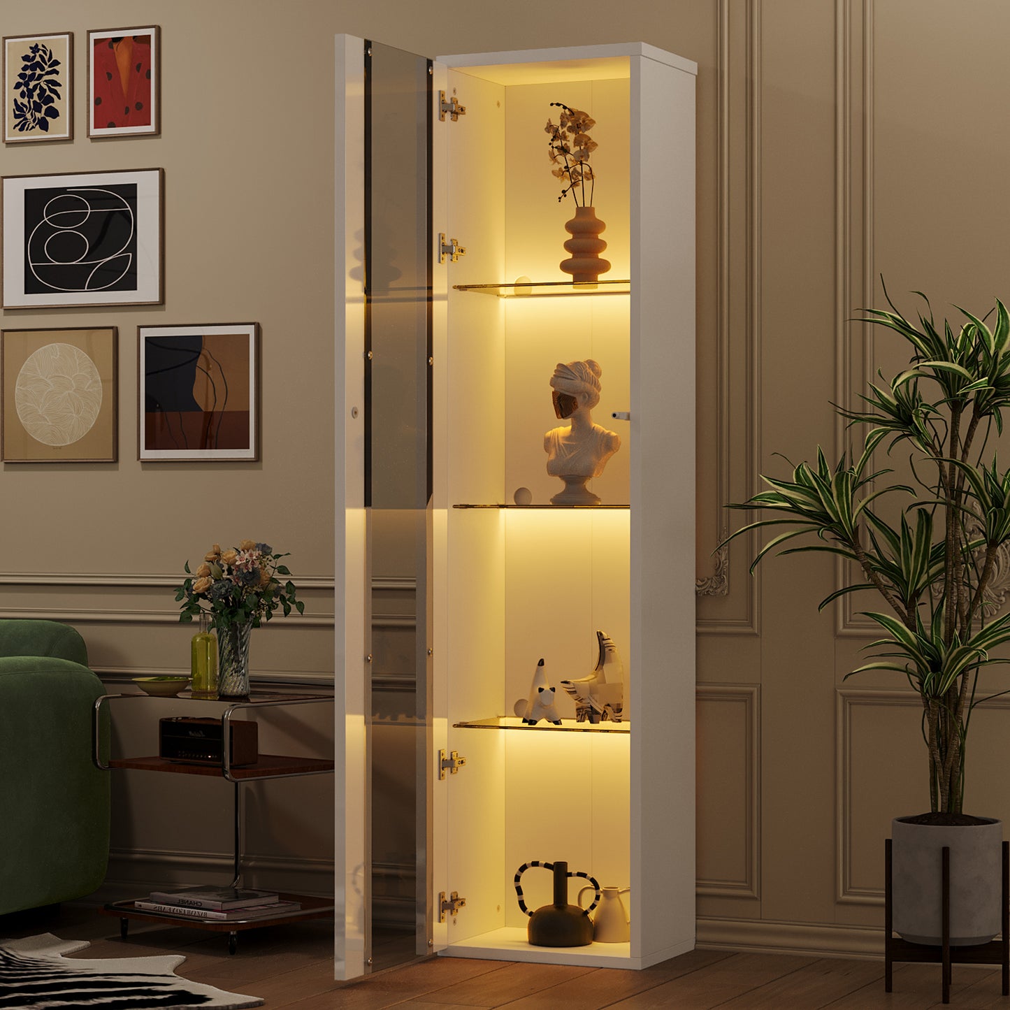 multifunktionale Vitrine, Glastrennwand, LED-Farbwechsel Licht, schlichtes Design, weiß
