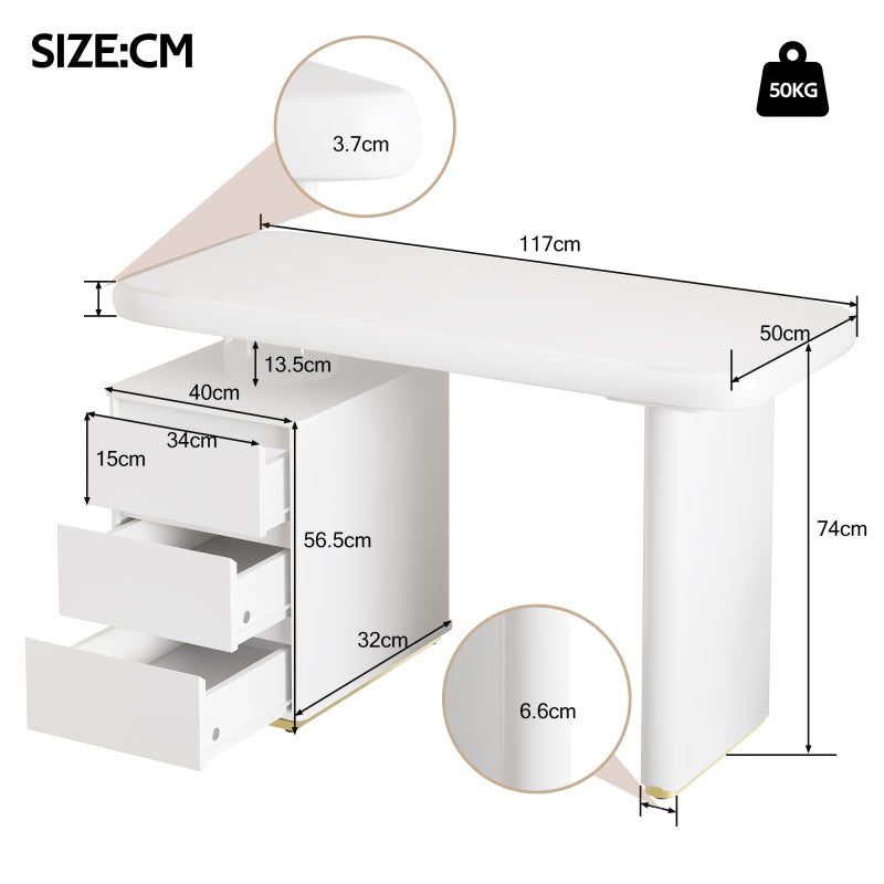 Moderner Schreibtisch 117×50×74 cm– weißer Voll-Lackierung,Wolkenform, 3 Schubladen, verdickte Tischplatte und Beine, abgerundete Kurven