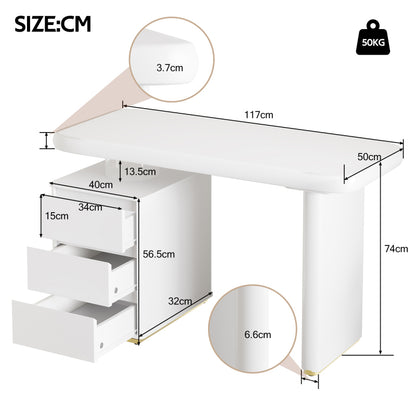 Moderner Schreibtisch 117×50×74 cm– weißer Voll-Lackierung,Wolkenform, 3 Schubladen, verdickte Tischplatte und Beine, abgerundete Kurven