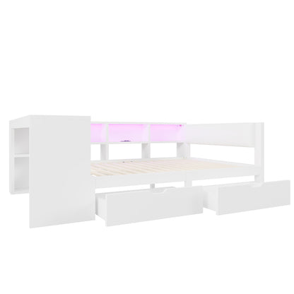 140x200 Holz-Plattformbett mit Ablageflächen, Schubladen, Ladestation und gepolstertem Kopfteil, Mit bunten LED-Leuchten, Weiß