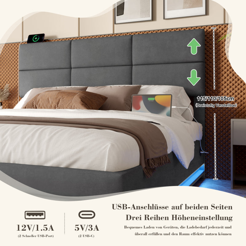 180x200 cm Modernes Velours-Polsterbett mit höhenverstellbarem Kopfteil - Inkl. USB/Type-C-Anschlüssen, LED-Ambientebeleuchtung, hydraulischem Lift-System & XXL-Stauraum (ohne Matratze) - Grau