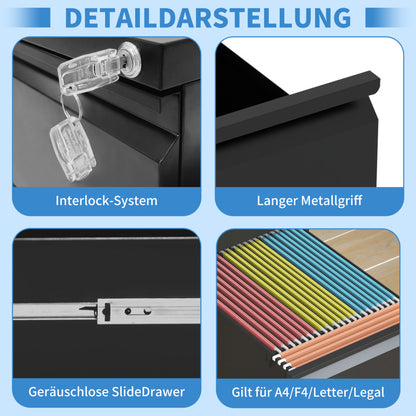 3-Schubladen-Mobil-Aktenkasten mit Schloss - Metall-Ablagekästen für Home Office Organisation – Letter, Legal und A4,Schwarz,H60 cm × B37.3 cm × T44 cm.