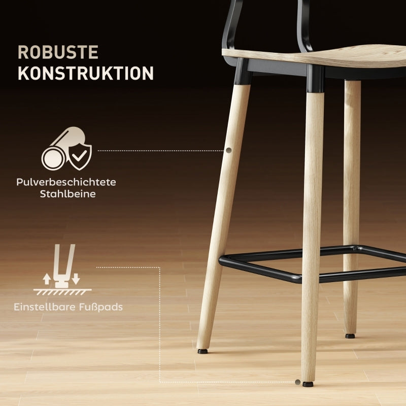 Barhocker 2er Set Barstuhl Tresenhocker mit Rückenlehne und Fußstütze, Küchenstühle mit Stahlbeine, Natur