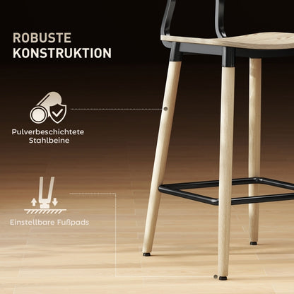 Barhocker 2er Set Barstuhl Tresenhocker mit Rückenlehne und Fußstütze, Küchenstühle mit Stahlbeine, Natur