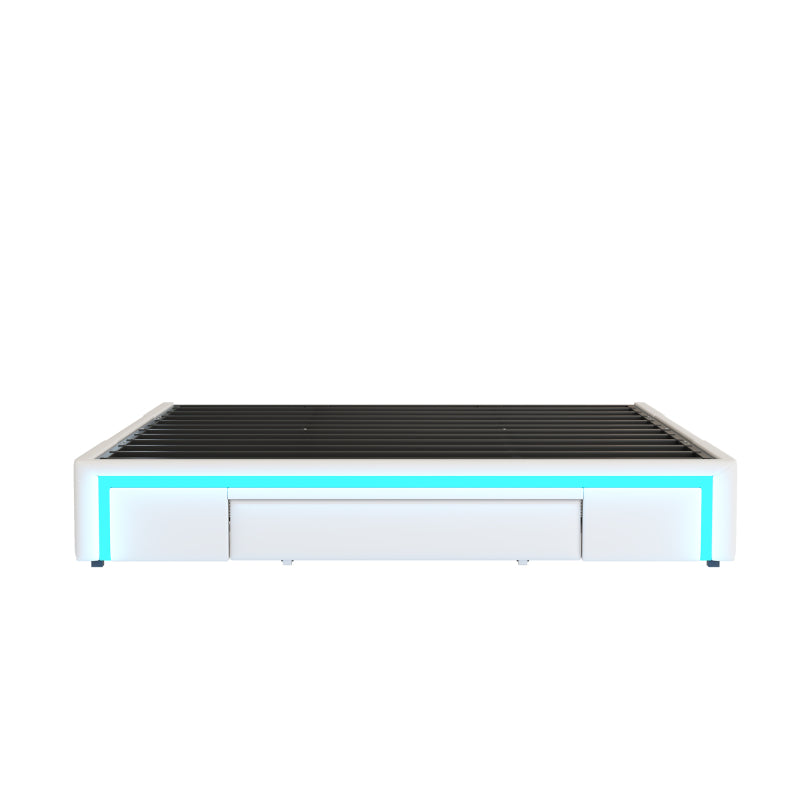 Bettgestell 180X200 mit Schubladen, PU-Leder Bett ohne Kopfteil Mit LED-Lichtleiste, MetalllattenPlattformbett für moderne Schlafzimmer Beige