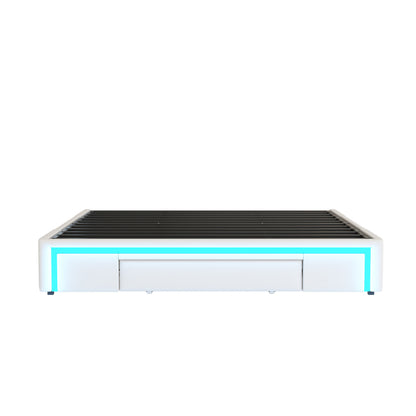 Bettgestell 180X200 mit Schubladen, PU-Leder Bett ohne Kopfteil Mit LED-Lichtleiste, MetalllattenPlattformbett für moderne Schlafzimmer Beige