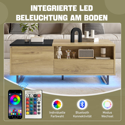 Couchtisch mit LED-Beleuchtung, Tischplatte höhenverstellbar, Holzoptik/Schwarz