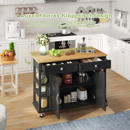 Multifunktionaler Küchenwagen mit klappbarer Arbeitsplatte, 120×65 cm erweiterbar, 2 Schubladen, geräumige Aufbewahrung, auf Rollen – Stilvoller Servierwagen für Küche, Esszimmer & Wohnzimmer