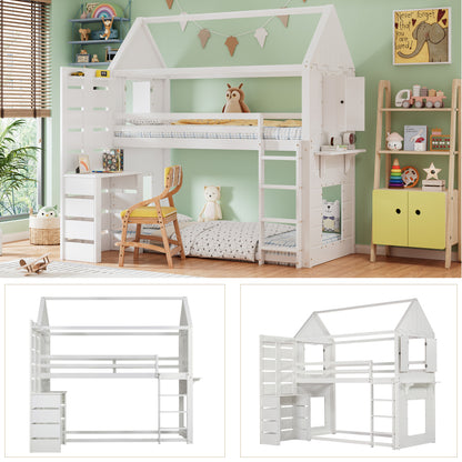 Etagenbett, Hausbett, Kinderbett mit Fallschutz und Gitter, mit Tisch, Offenes Regal, zwei Fenster, Reichlich Stauraum, Kiefer+MDF, Weiß, 90x200cm