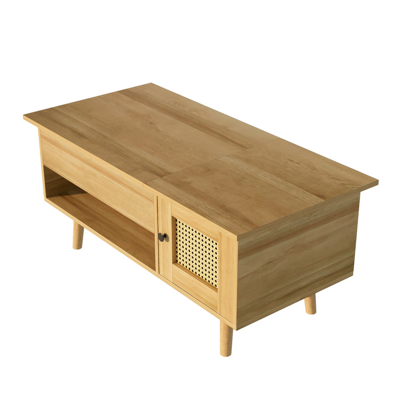 Eleganter Couchtisch mit anhebbarer Tischplatte und Rattan-Türen, Holzfarbe mit schwarzen Akzenten, ideal für das Wohnzimmer – Praktischer Stauraum und funktionales Design