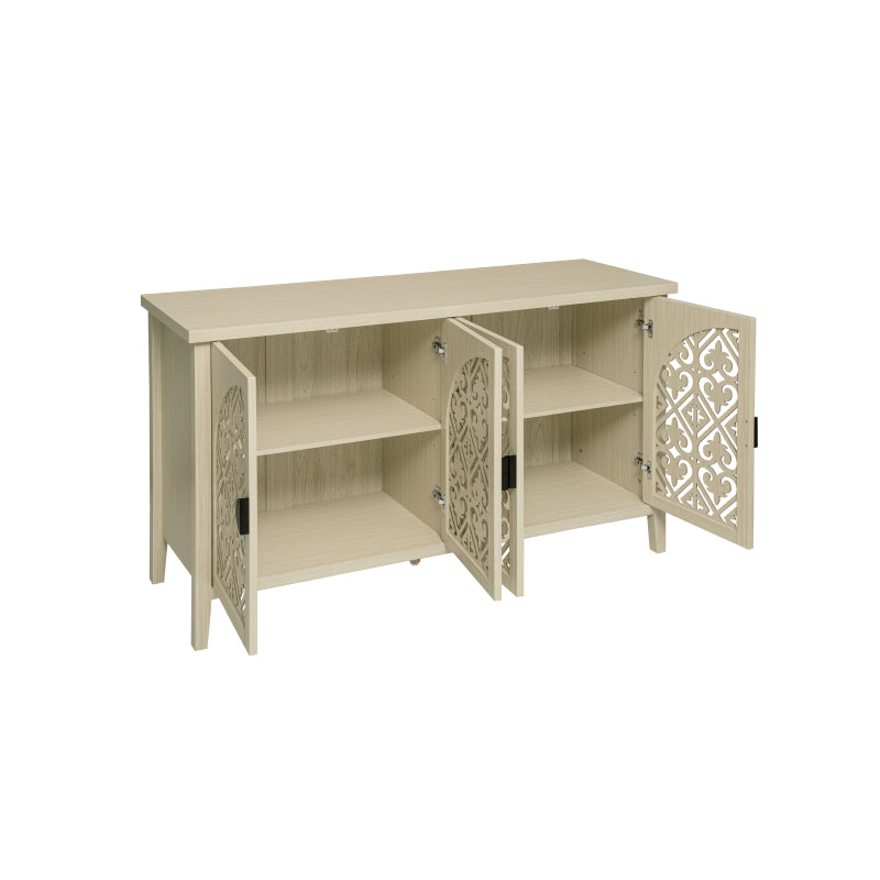 Natürliches Holzfarbener vier Türen Sideboard, mit geschnitztem und durchbrochenem Design, ausgestattet mit drei Einlegeböden. Geeignet für Wohnzimmer, Flur, Esszimmer und Küche.(147.6x40x80cm)