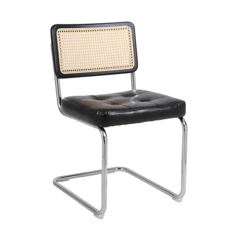 Mittelalterliche moderne Esszimmerstühle, ein Satz von 2-Rattan Esszimmerstühlen mit weichen gepolsterten Kunstlederelementen, armlose Mesh Rückenlehne Rattan Stühle, Metall Chrom Beine(Black)